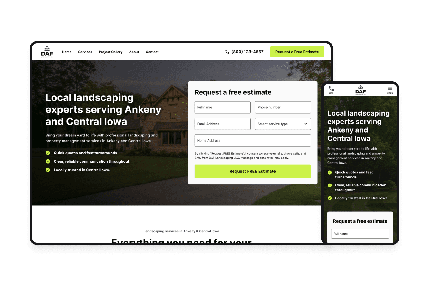 DAF Landscaping website on desktop and mobile