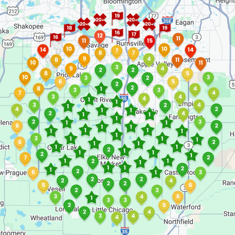 Map of local SEO rankings after improvements.