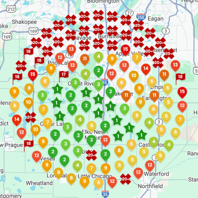 Map of local SEO rankings before improvements.
